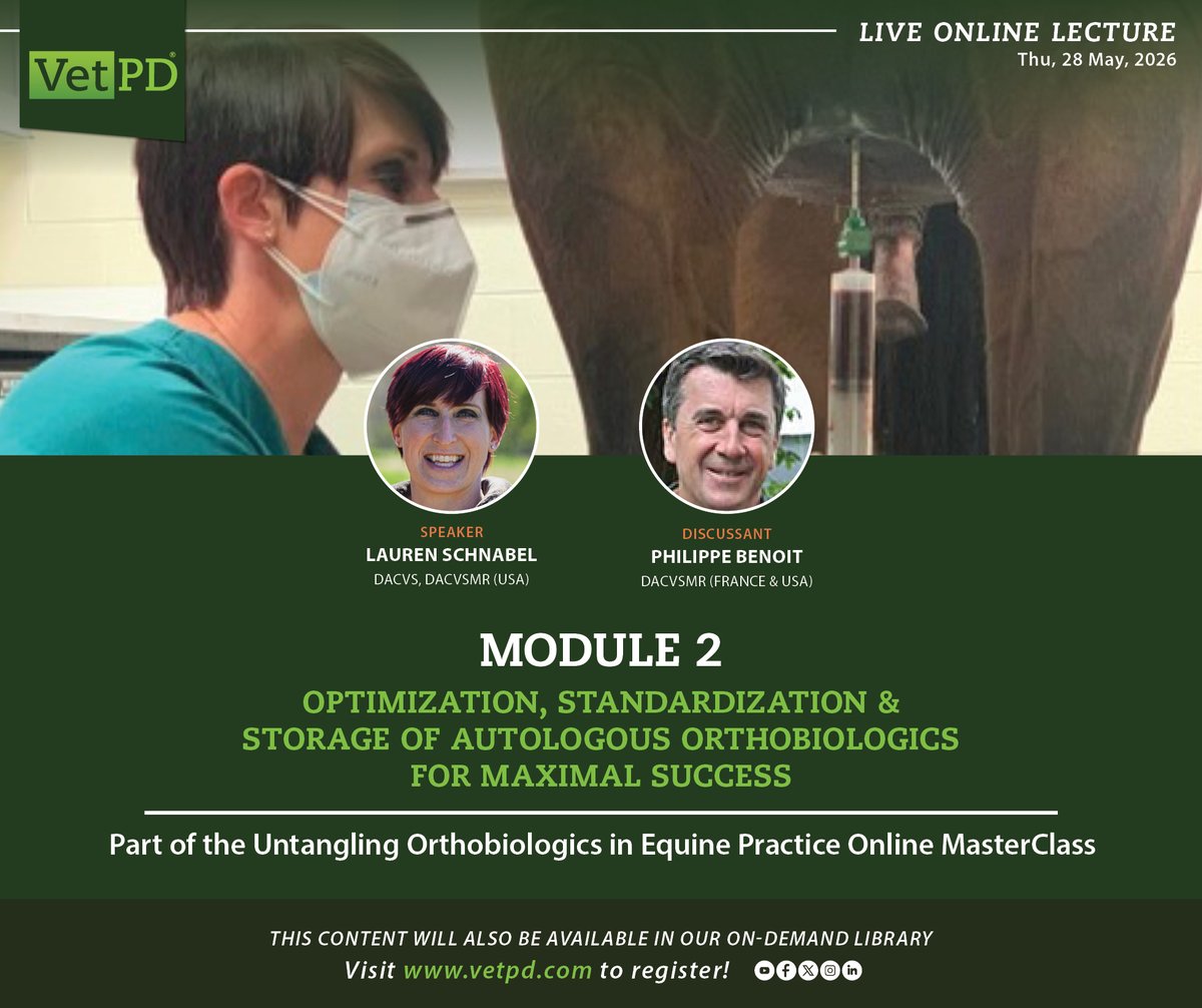 VetPD's tweet photo. Module 2 of our Equine Orthobiologics MasterClass is live Thursday, 28 May. 
Register today > https://t.co/iy8qA5hT02 

Module 1 on-demand now. 
#VetPD #EquineVet #Orthobiologics #EquinePractice #VetCE https://t.co/cwsw8yvu3p