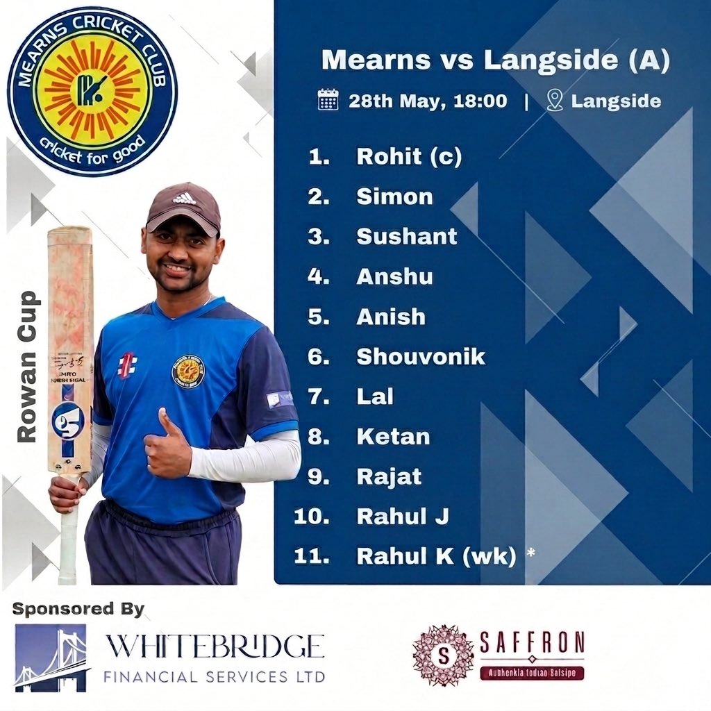 MearnsCricket's tweet photo. Mearns vs Langside (Rowan Cup Lineup)
⚔️ ROWAN CUP LINEUP READY! ⚔️
The boys are locked and loaded for a massive T20 clash against Langside away from home tonight at 18:00! 🏏💥
Let’s bring home the win! 💪🔥
#MearnsCC #RowanCup #MatchDayLineup #CricketScotland https://t.co/7edPSmQZnT