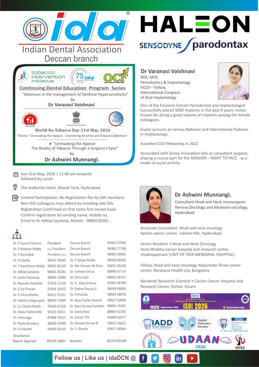 idaDCN's tweet photo. Dear Dr,

Greetings from IDA Deccan Branch!

You are cordially invited to attend our Continuing Dental Education (CDE) Program.

🎤 Topic:
“Advances in the Management of Dentinal Hypersensitivity”

👩‍⚕️ Speaker: Dr Varanasi Vaishnavi
BDS, MDS – Periodontics &amp; Implantology https://t.co/9IiG7gNdfY