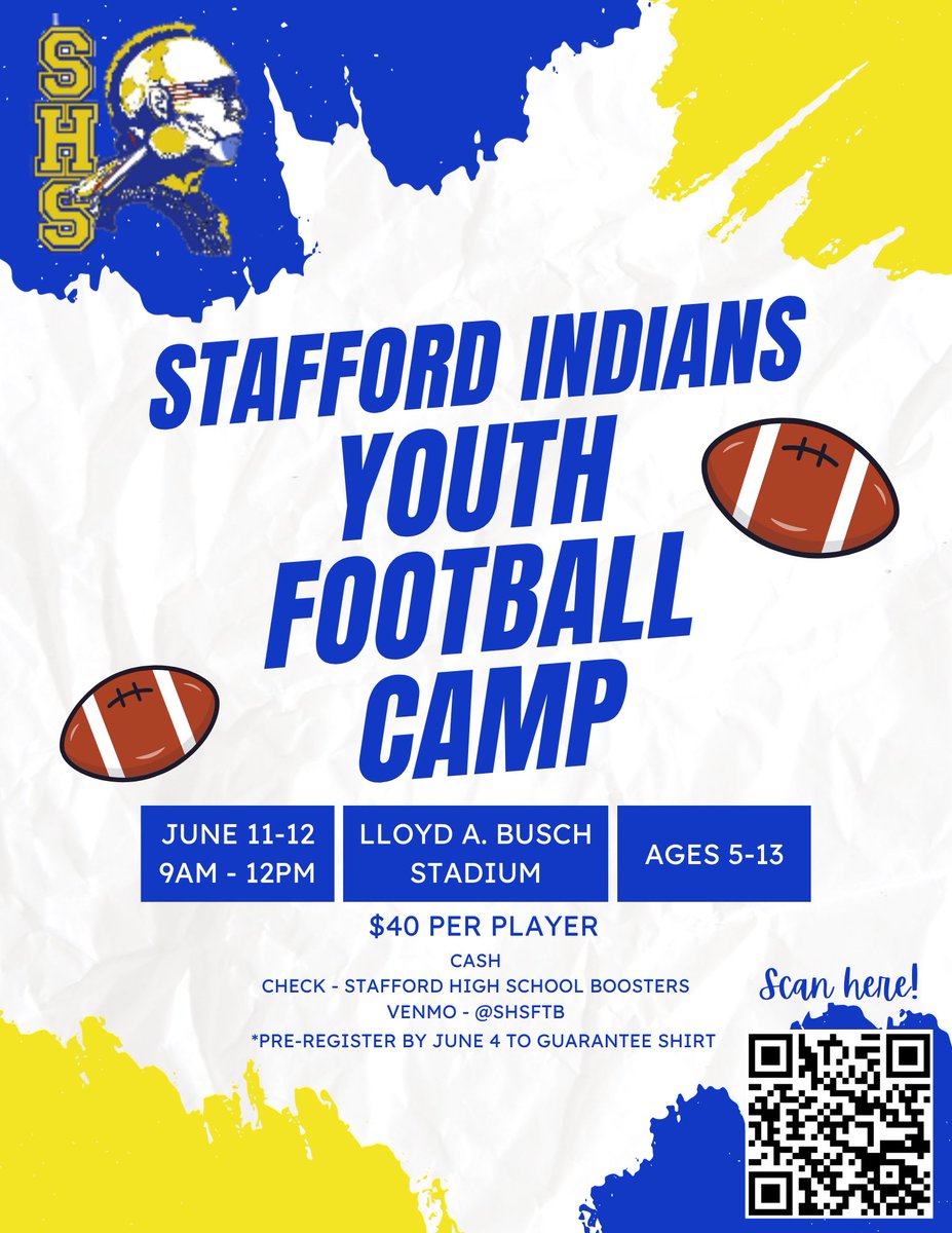 CoachB_SHS's tweet photo. It’s almost that time!!! Annual Youth Football Camp!! Get signed up ASAP! 🔵🟡🏈 @SHSIndiansFB @DMSRAMS @DixonSmithMS https://t.co/MowPDfweph