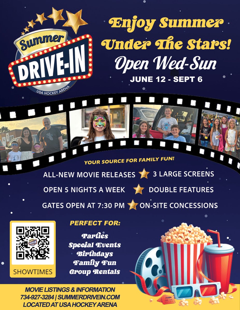 Summer_DriveIn's tweet photo. Just a reminder that the Drive-In OFFICIALLY opens Friday, June 12th! The movie line-up will be released weekly with all new hits. The Drive-In is open Wednesday-Sunday. We hope to see you out this summer!🎉 https://t.co/a2RccjWw5E