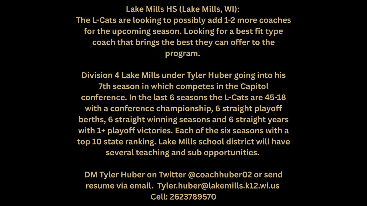 CoachHuber02's tweet photo. Interested in coaching football at Lake Mills? 

Looking to add 1-2 to the staff for this upcoming season. 

@TravisBOUND @MJ_NFLDraft https://t.co/VFRyyzIdta