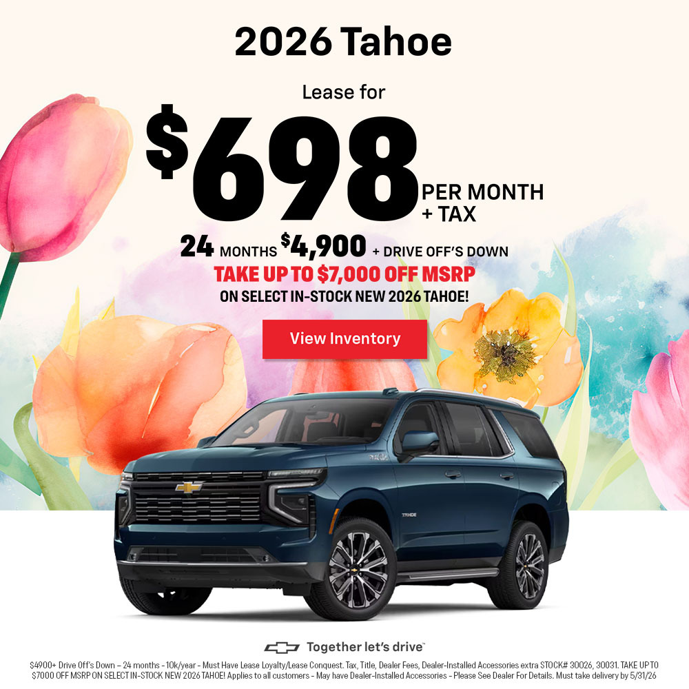 ChevyBurbank's tweet photo. Lease a 2026 Trax, 2026 Trailblazer, or 2026 Tahoe with low payments and savings off MSRP when you shop our in‑stock selection by 5/31/26.

Tahoe: https://t.co/XfZ9cgDHzG
Trailblazer: https://t.co/lie8mCtxk9
Trax: https://t.co/0ayG7TSFUm https://t.co/HfwV1wcViV