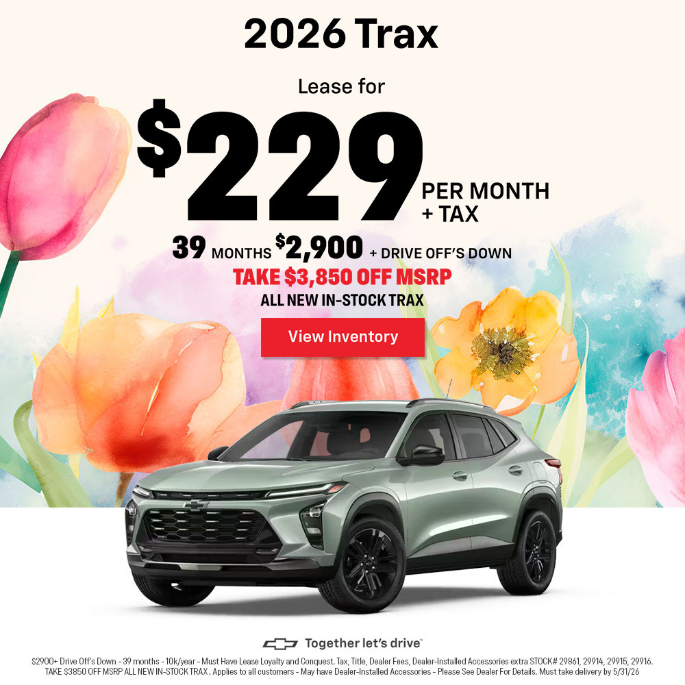 ChevyBurbank's tweet photo. Lease a 2026 Trax, 2026 Trailblazer, or 2026 Tahoe with low payments and savings off MSRP when you shop our in‑stock selection by 5/31/26.

Tahoe: https://t.co/XfZ9cgDHzG
Trailblazer: https://t.co/lie8mCtxk9
Trax: https://t.co/0ayG7TSFUm https://t.co/HfwV1wcViV