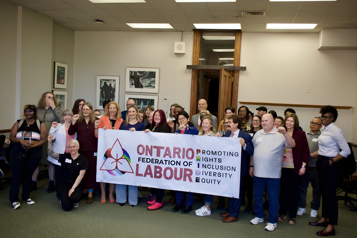 OFLabour's tweet photo. On Monday, May 25, supporters and allies of the 2SLGBTQIA+ community convened at the Ontario Legislature to make certain their voices are not ignored. Throughout Ontario and beyond, 2SLGBTQIA+ communities are encountering escalating hate, growing erasure, and reductions in healthcare, education, housing, and human rights. This gathering at Queen’s Park represents a concrete step we can all take to advocate for improvement and to demonstrate the power of our united solidarity.