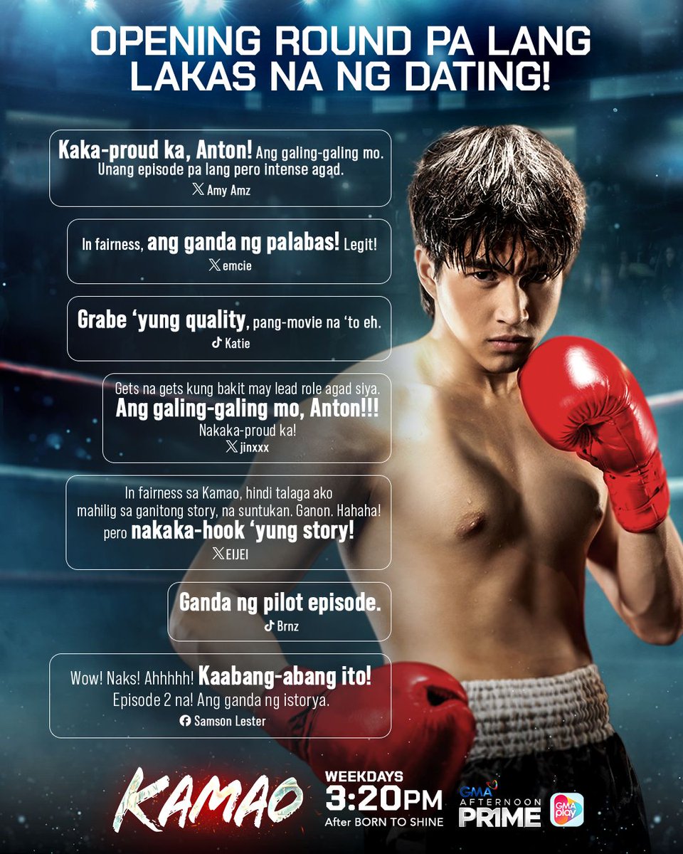 gmanetwork's tweet photo. OPENING ROUND PA LANG, LAKAS NA NG DATING! 💥🥊

Maraming salamat sa lahat ng tumutok at nakisabay sa bakbakan ng #KAMAORoundOne! Simula pa lang ’yan, mas marami pang pasabog, drama, at suntok sa puso ang dapat abangan!

Tuluy-tuloy nating suportahan ang #KAMAO, tuwing 3:20 PM sa GMA Afternoon Prime!