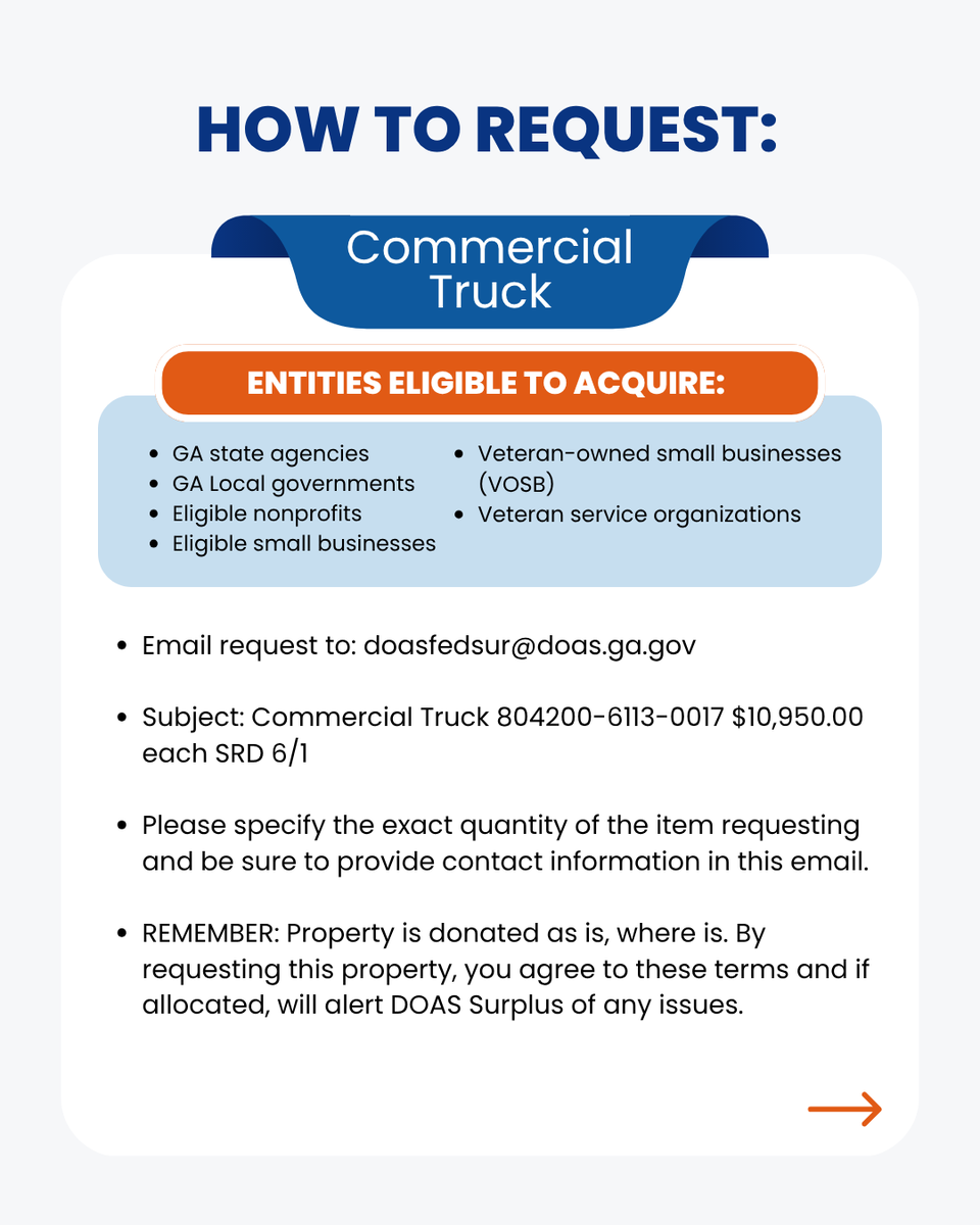 GAStateSurplus's tweet photo. Request this Commercial Truck from GA DOAS Surplus by June 1! Email doasfedsur@doas.ga.gov with item name, quantity, and contact info. Must be enrolled in the GA Surplus Property Program. #SurplusProperty #GeorgiaDOAS #CommercialTruck https://t.co/skJzjSI28O