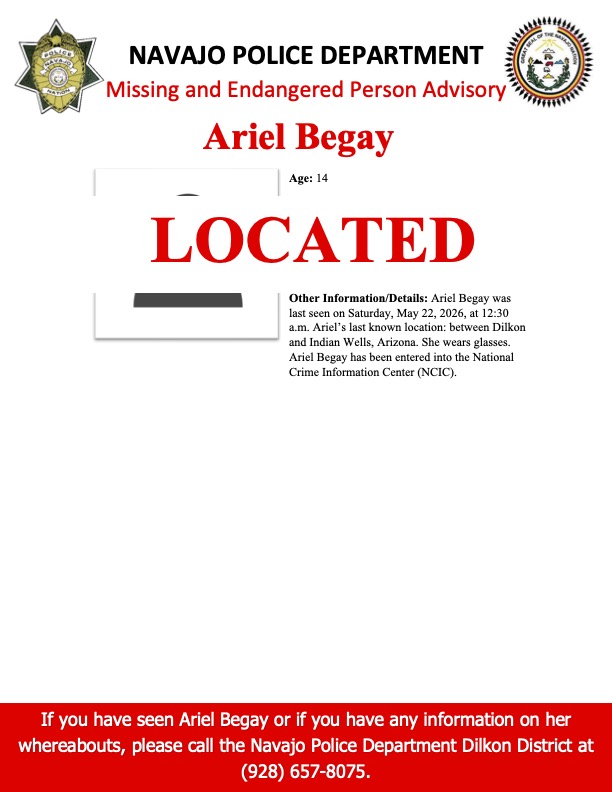 Navajopd's tweet photo. UPDATE: 5/26/26: Ariel Begay has been located and she is safe. The flyer has been updated. https://t.co/QRjcfn8kNY