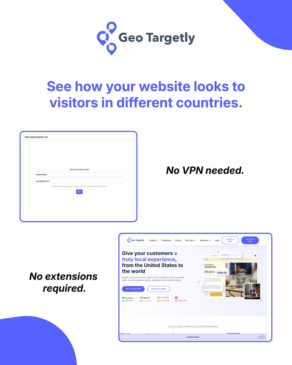 GeoTargetly's tweet photo. Geo Browse lets you preview your site from any location instantly. 🌍
What it does:
✅ Browse your site as if you're in any country
✅ Test geo-targeted content and redirects
✅ Verify localized pricing and currency
✅ Check region-specific offers
✅ Debug location-based features https://t.co/F57tDUtQ8g