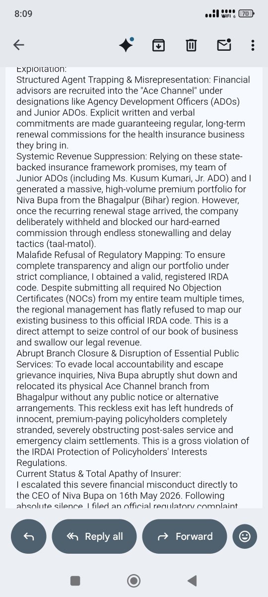 rishisharmabgp's tweet photo. Massive SCAM by @Niva_Bupa @BupaNiva Ace Channel. Trapping local agents on non-IRDA codes to extract crores in premium, then refusing mapping to swallow hard-earned Renewal Commissions.
Fight against system!
@PMOIndia @FinMinIndia @IRDIA_OFFICE  
#NivaBupaScam  #InsuranceFraud # https://t.co/KLe7MeNrLf