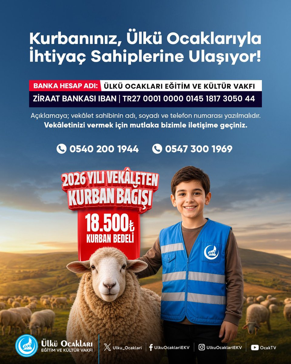 akyaziulku's tweet photo. 🐑 KURBANINIZ, ÜLKÜ OCAKLARIYLA İHTİYAÇ SAHİPLERİNE ULAŞIYOR! 🇹🇷

Bağışladığınız kurbanları vekâleten keserek Şehit ailelerine, Türk Dünyasındaki soydaşlarımıza ve ihtiyaç sahiplerine ulaştırıyoruz.

Kurban Bedeli: 18.500 TL
📞 0540 200 1944
📞 0547 300 1969 https://t.co/vxMJqkW4HS