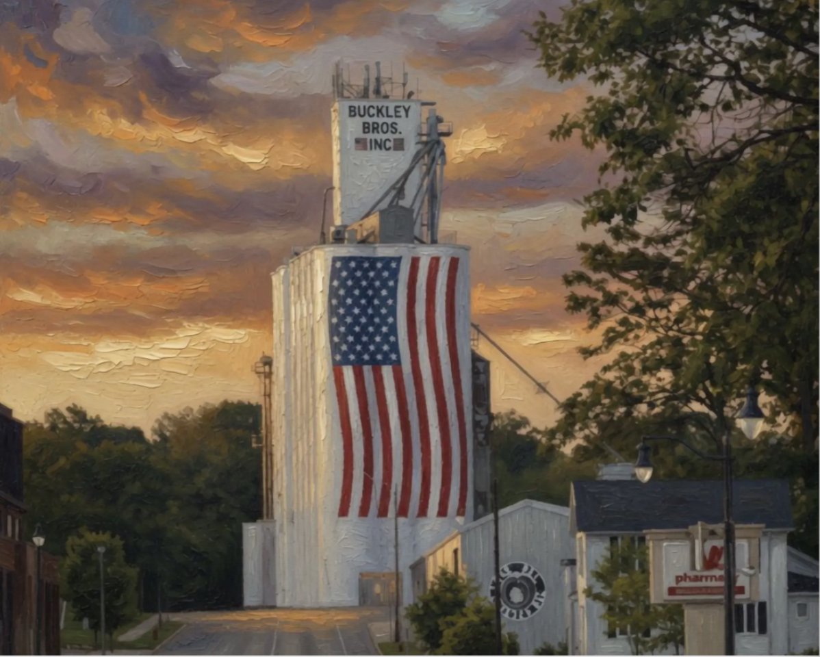 Bossduck71's tweet photo. @sports8 That is beautiful ! Wilmington, Ohio just dedicated our #RoadToAmerica250 version on Memorial Day. Located in rural SW Ohio, it is fittingly painted on the downtown grain silos of Buckley Brothers Inc., which has been around for since 1904. https://t.co/pBe5EuieT7