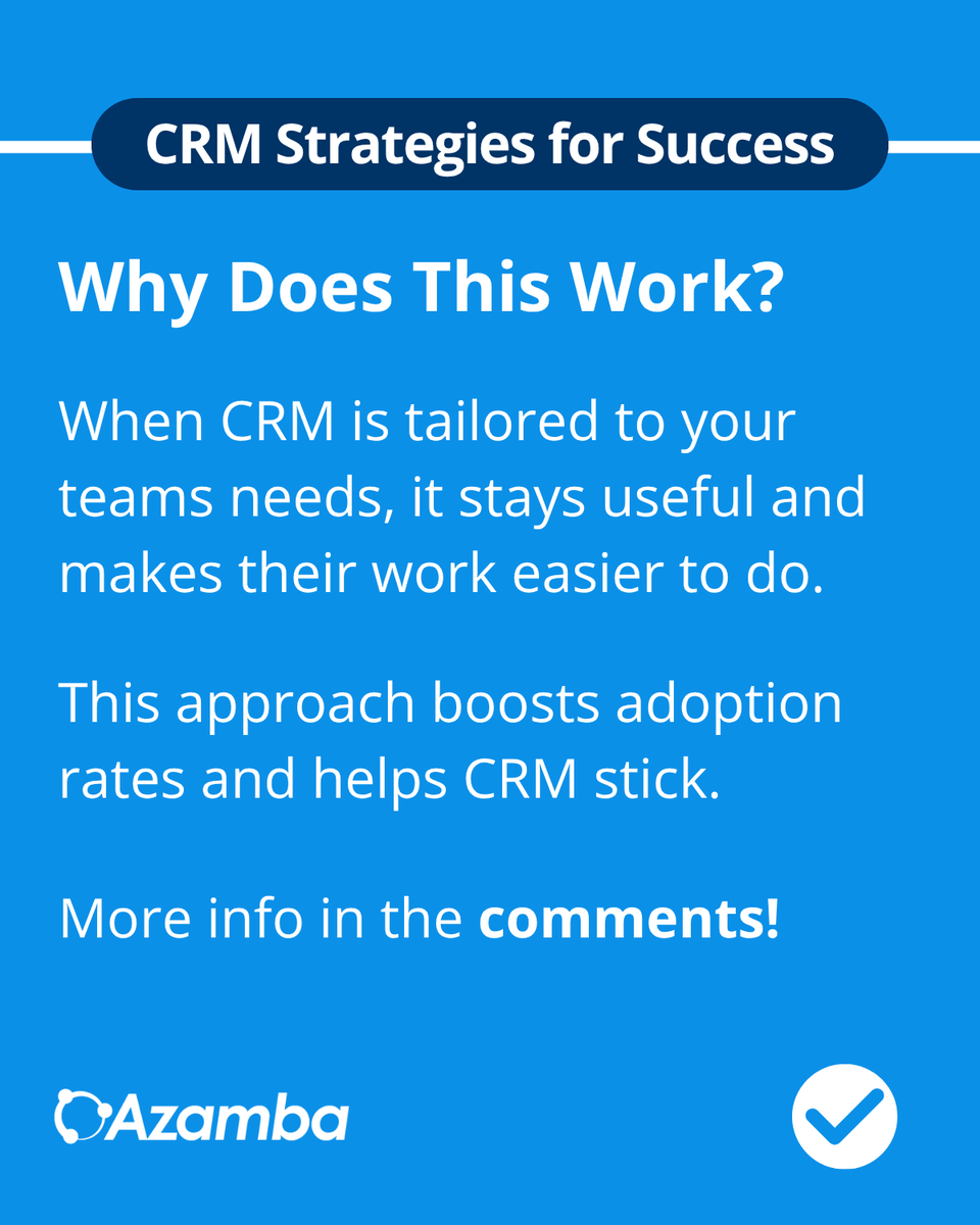 AzambaInc's tweet photo. CRM isn't a one-size-fits-all solution for everybody.

After implementing, it needs to be tailored to your needs to it can support your day-to-day.

The best CRMs are built around user feedback and real needs for your team.

It makes it easier to adopt and stick.

More below. ⬇️ https://t.co/JGOjOa4Wd0
