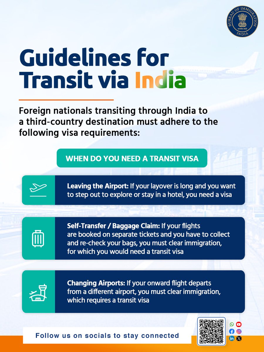BOIndiaOfficial's tweet photo. Attention foreign nationals! 

Do you have layover plans in India? Baggage claim? Airport change? 
Your transit through India may require a visa.

Read up on all the rules to enjoy a seamless travel experience.

#TransitVisa #Guidelines #IndianImmigration https://t.co/K9XTmQ2LmH