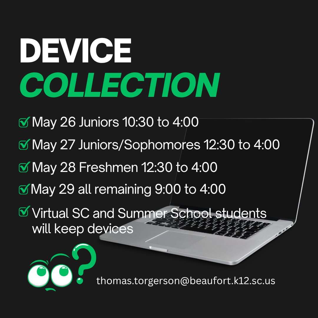 blufftonhs's tweet photo. 🚨Update to device collection 🚨
Due to change in EOC testing, the device collection schedule will adjust as follows. 
Juniors May 26 10:30 to 4:00 if done with testing
Sophs and Juniors May 27 12:30 to 4:00 if done with testing.
Freshmen May 28 12:30 to 4:00
MAY 29 ALL DAY https://t.co/mvMg5SsUTv
