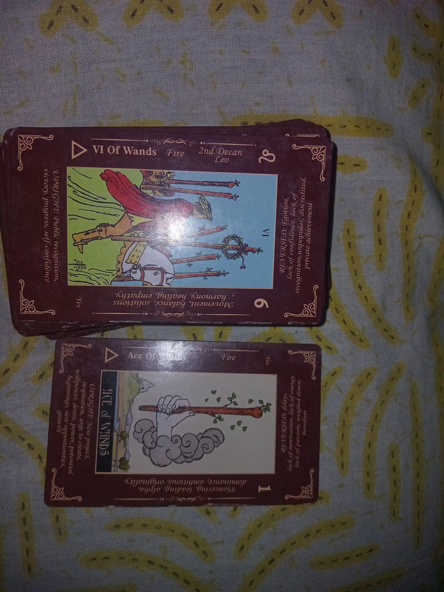 Tarowithnizz's tweet photo. Pile -3 ace of wands at bottom of deck 6 of wands 
Finally your hard work is paying off. You aren't just winning a private battle; people are going to see, acknowledge, and celebrate your success.If you’ve been working tirelessly toward a massive goal, studying like crazy, or trying to prove yourself, this card guarantees that the outcome is a win. You are stepping into the spotlight.
You are going to feel a sudden surge of motivation. Any laziness, exhaustion, or burnout you might have felt recently is completely burning away. You will have a clear vision of what you want to conquer next, and you'll have the exact fire in your belly needed to go out and get it.