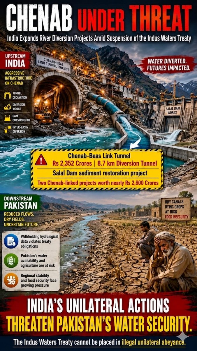 DocFizz's tweet photo. India’s Chenab-Beas Link Tunnel plan exposes its dangerous water politics. Diverting Chenab flows while withholding hydrological data threatens Pakistan’s agriculture, food security and the Indus Waters Treaty framework. #Chenab #IndusWatersTreaty #heatwave #NarcoPolíticos #salı https://t.co/a4FjurXuuL