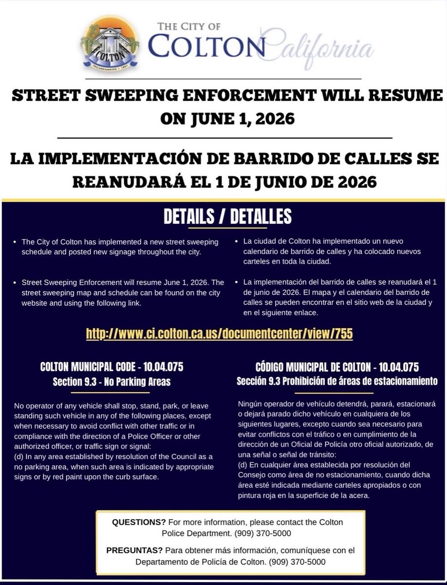 EchevarriaFor's tweet photo. ✨Courtesy Reminder ✨ 

As a Colton employee and resident, I wanted to provide another reminder that Street Sweeping Enforcement will resume on June 1, 2026. Please pay attention to posted street signs to avoid receiving a citation or fine. https://t.co/UGojNgWtac