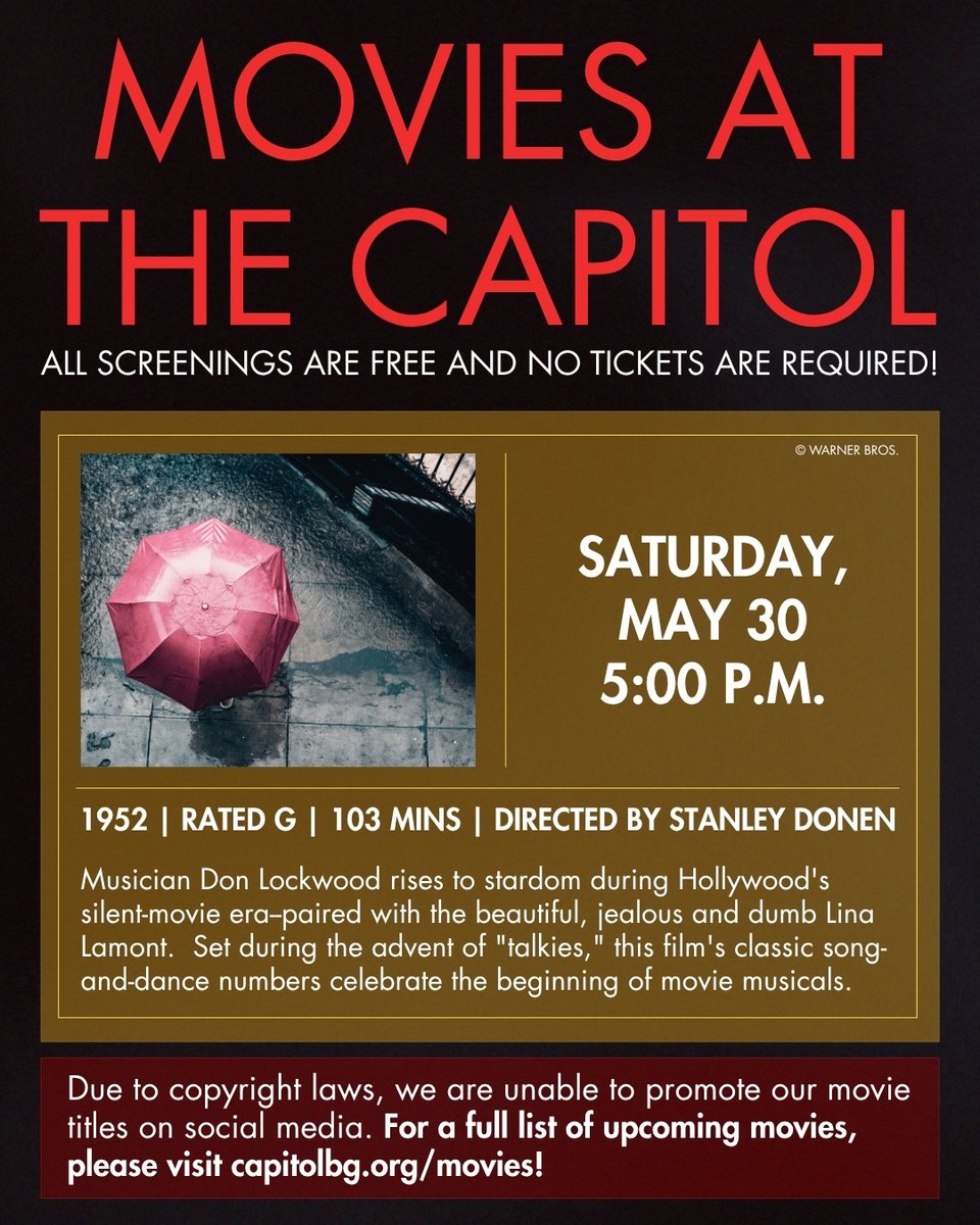 CapitolBg's tweet photo. Kick off summer the right way with a musical movie marathon at the Capitol! We'll be screening three fan-favorite movies on Saturday, May 30 beginning at 2:30 p.m! Swipe through this post for more information about the lineup! No tickets are required for any screening. https://t.co/5tpxDRGYvv