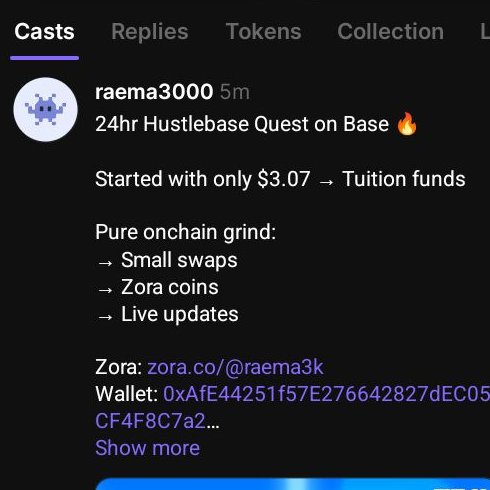 raema3000's tweet photo. Update🔥
Just dropped the Hustlebase Quest on Farcaster too!
Full cross-platform grind activated ✅
Farcaster: Check my cast above
Zora: https://t.co/wBD8wZefBf
Still at $3.07 but expanding reach.
Wallet:0xAfE44251f57E276642827dEC051a608CF4F8C7a2
#Hustlebase @base @farcaster_xyz https://t.co/elySZMJuxF