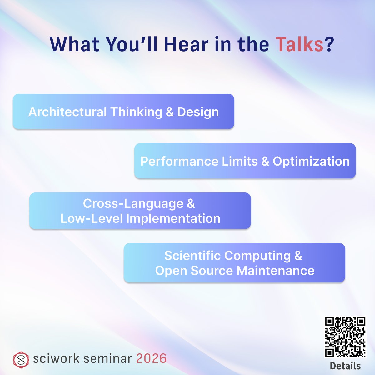 sciwork's tweet photo. 🚀[sciwork Seminar 2026] Full Tech Talks Announced!

Join us at NYCU on 6/13 for 8 deep-dive sessions on:
🔹Architecture &amp; Design
🔹Performance Optimization
🔹Cross-Language Systems
🔹Scientific Computing &amp; Open Source

🎟️https://t.co/TqmopXRl5S
📝https://t.co/0ZFFOyC1AQ https://t.co/zKzZift4vH