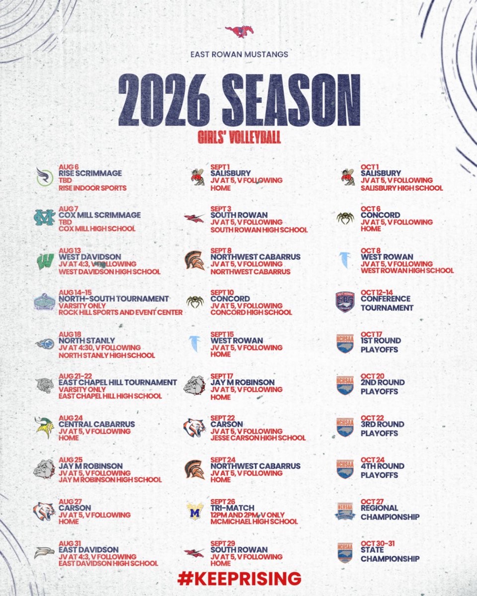 ERMustangsVBall's tweet photo. The 2026 schedule is HERE!
New season. New goals. Same Mustang pride. 🐎🔥

Get ready for big matches, loud crowds, and an unforgettable season of East Rowan Women’s Volleyball!

#MustangManiacs #DefendTheStable #KeepRising https://t.co/8gdJWt1S5u