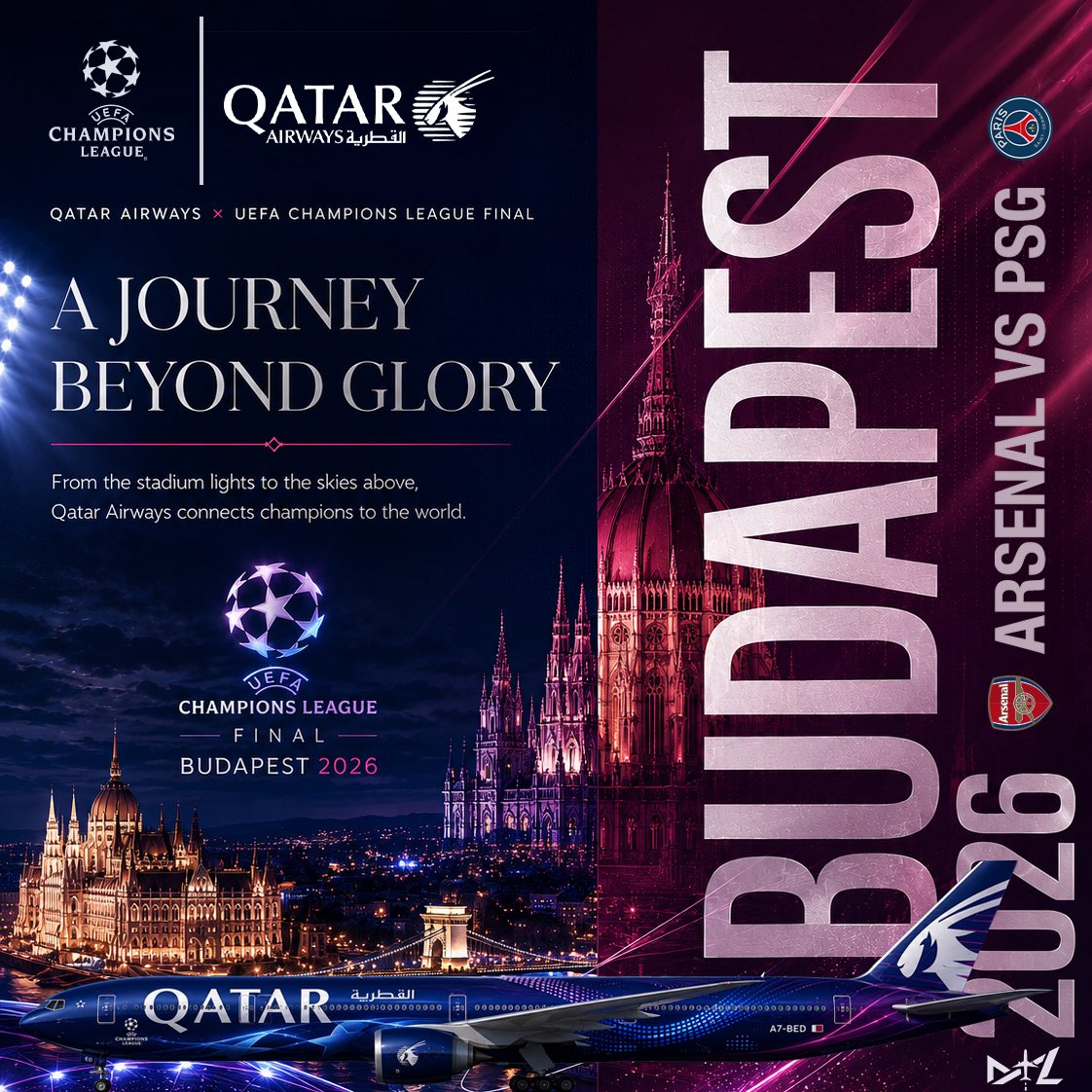 MisterLivery's tweet photo. The UEFA Champions League Final arrives in Budapest as Arsenal and PSG battle under the lights for European glory. ✨🏆

Qatar Airways connects the world’s biggest stage with the passion of football and the spirit of global travel. https://t.co/QTh5VQwTLh