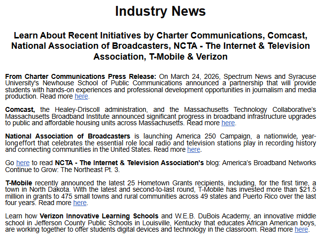 mmtconline's tweet photo. Read MMTC Winter &amp; Spring Newsletter Feature: Learn About Recent Initiatives by Charter Communications, Comcast, National Association of Broadcasters, NCTA - The Internet &amp; Television Association, T-Mobile &amp; Verizon. https://t.co/qpjGPUW4VM https://t.co/qrUZ9qwNFU