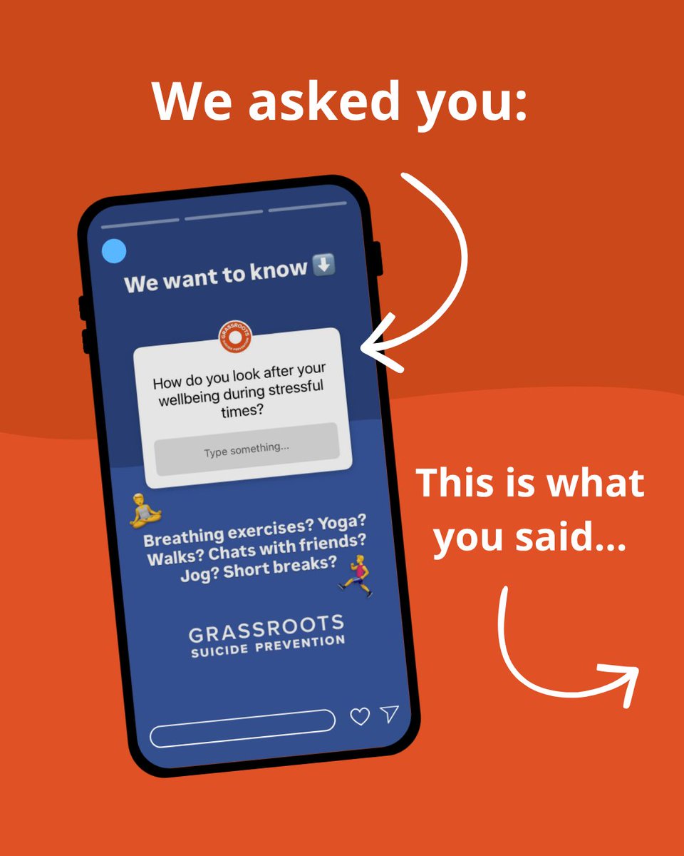 GrassrootsSP's tweet photo. How do you cope during stressful times? 🧡

This is what you said! When stress kicks in, why not explore one of these ideas?

Download the #StayAliveApp for resources, practical tools, and other ways you can look after yourself.
🔗 https://t.co/tDkEOzK0Uz https://t.co/jGgU0Fim7e