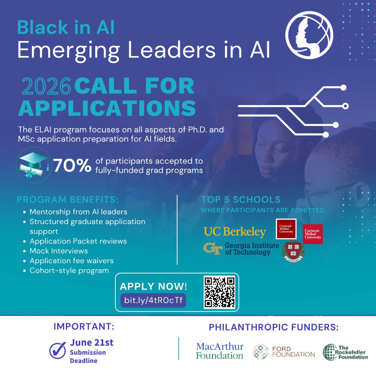 black_in_ai's tweet photo. Less than 4% of PhD candidates in CS-related fields are people of African descent.

The 2026 Emerging Leaders in AI (ELAI) program is helping change that through mentorship, grad school prep, mock interviews, and community.

Apply by June 21st:
https://t.co/2tQvQXGXxb https://t.co/2uv2NKaC27