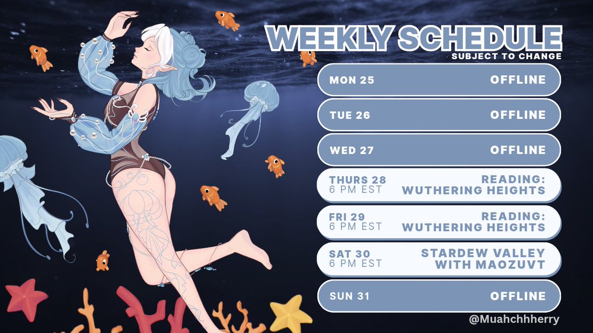 StephTsu's tweet photo. Weekly Schedule 💙
Snuggle up and get cozy for these calm vibes

Thursday &amp; Friday night - Reading Wuthering Heights
Saturday night - Stardew Valley with @maozuvt 🥰 https://t.co/fIbPNn8HOC