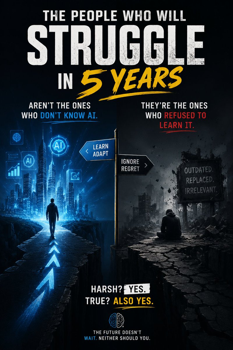 Terie_AI's tweet photo. The people who will struggle in 5 years aren't the ones who don't know AI.

They're the ones who refused to learn it.

Harsh? Yes. True? Also yes. https://t.co/rHsYRvHaHm