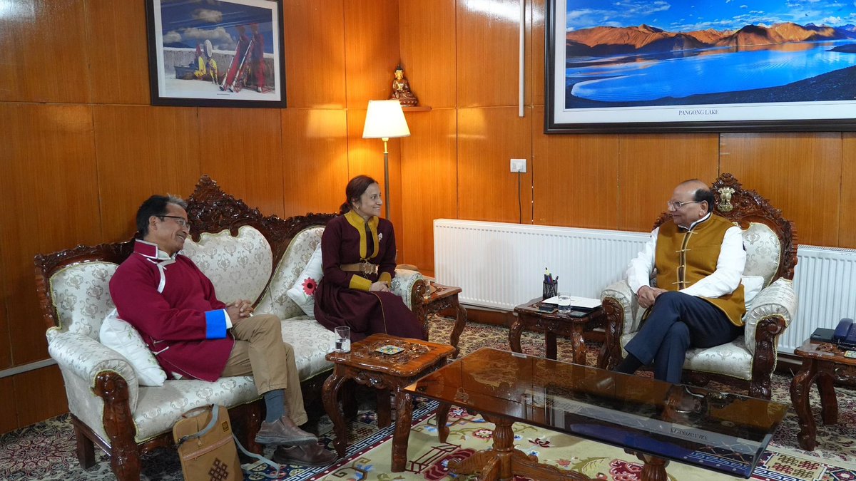 lg_ladakh's tweet photo. Had a candid exchange with Shri Sonam Wangchuk and Smt. Gitanjali Angmo in the backdrop of the constructive dialogue in the Union Home Ministry. We agreed that an  air of positivity, both in terms of development initiatives and political dialogue, needs to be maintained.

I cautioned Shri Wangchuk to abjure from weaving a misleading and provocative narrative, which vitiates public discourse. 

Democratic expression must not be taken as license for fabricating falsehoods and rabble rousing. He accepted that comparing the situation of Ladakh with Manipur was an error of judgement. He also said that he was unsure of the origins of the Cockroach Party and would study the motivations of its founders and revisit his stand, if necessary. 

I also highlighted, that repeated rallies and protests, despite positive developments initiated by the Centre, will have a negative impact on economic activities in the tourism space, which is the backbone of Ladakh. 

Shri Wangchuk appreciated the positive development initiatives like Him Sarovar project, restoration of Igoo Phey Canal, construction of Mahe - Topko Canal and massive plantation drives, undertaken in the recent days.