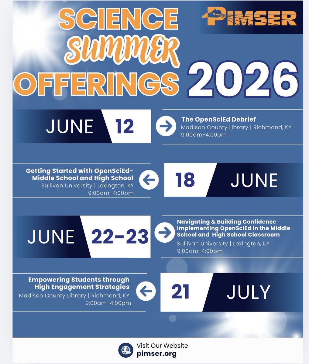 KYPIMSER's tweet photo. See a PIMSER session that could benefit your classroom or team? Share it with your school or district leaders as a professional learning opportunity to support student success! Summer sessions are open now: https://t.co/4EBbBRkBRY 
@KyDeptofEd @KyCenterforMath @KySciTA https://t.co/zW9ALjLjV8