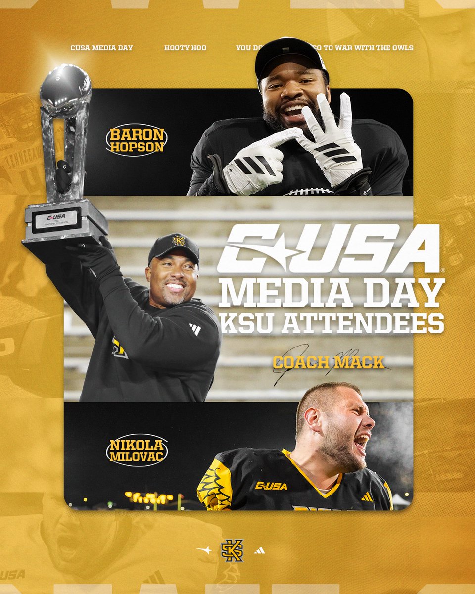kennesawstfb's tweet photo. 𝟐𝟎𝟐𝟔 𝐂𝐔𝐒𝐀 𝐊𝐢𝐜𝐤𝐨𝐟𝐟 𝐎𝐰𝐥𝐬!

🦉 @hopson_baron 
🦉 @milovac_46 
🦉 @CoachMack_KSU 

🔗 https://t.co/X8mfRbyrC3

#HootyHoo https://t.co/Uch9VZ7ymK