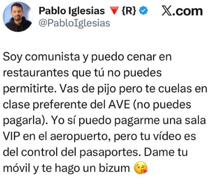 SweetKairo's tweet photo. Comentario real de su cuenta oficial, no es IA, a ver quien me convence ahora de que no vivimos en una simulación, mas clasista no se puede ser, yo no entiendo como aun hay gente que se considera "comunista" habiendo tomado a este tío en serio.
la mascara le pesa un quintal. https://t.co/hXgmLRVLPl
