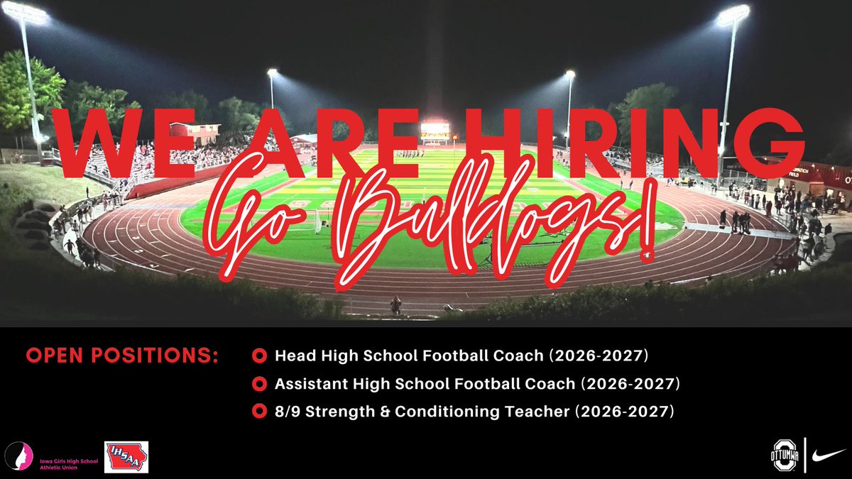 CoachRabedeaux's tweet photo. Ottumwa High School (5A) is seeking our next Head Football Coach for the 26-27 season! We’re looking for a high-energy leader who values culture, positivity, and hard work while building on a strong foundation already in place.

Teaching positions available!

@xo_coachingjobs https://t.co/8zKgozvJuU