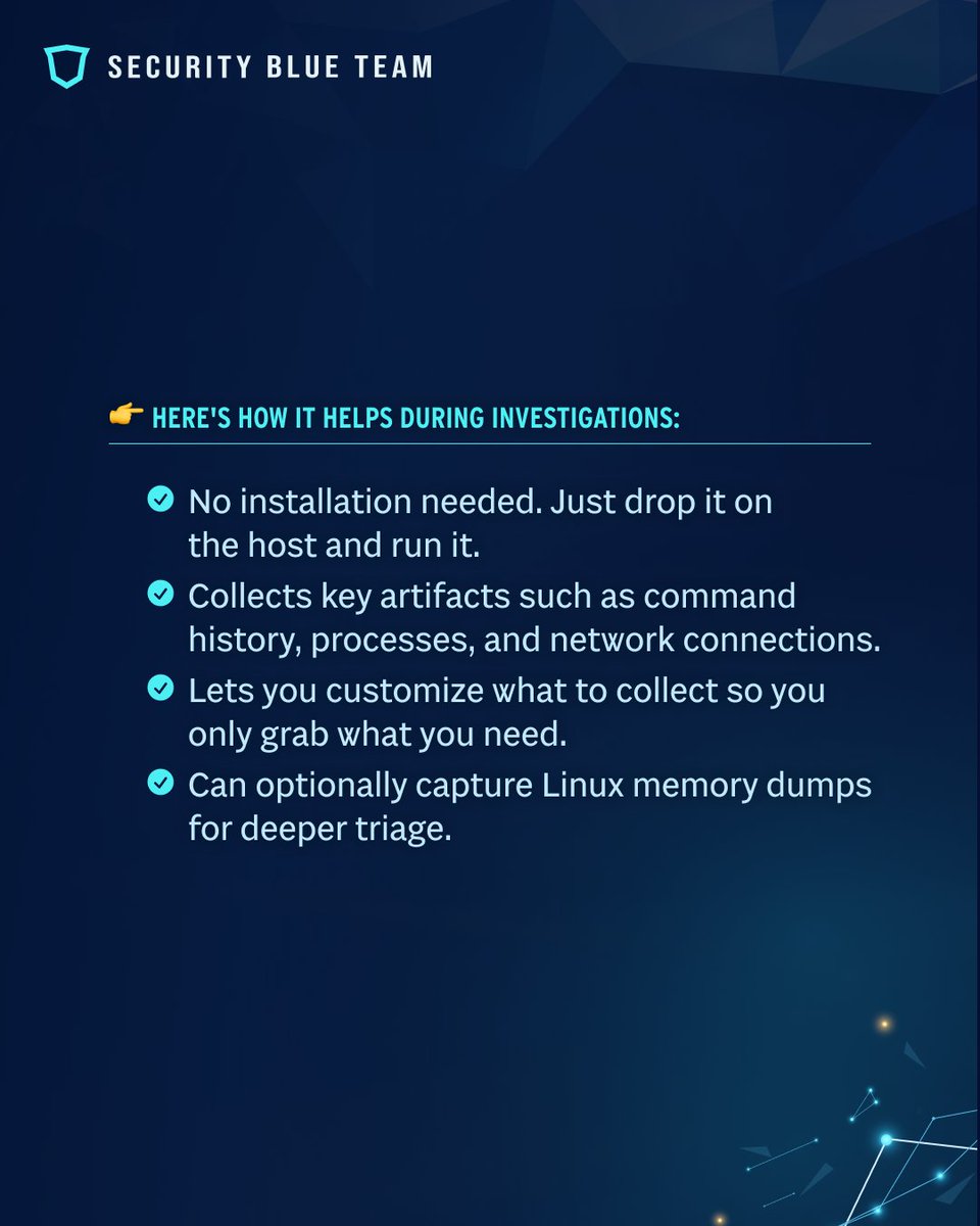 centri_org's tweet photo. Tool Spotlight: Unix-like Artifacts Collector

An incident response tool that captures forensic evidence from Linux, macOS, and other Unix-like systems without taking them offline. Instead of manually pulling logs and config files one by one, it automatically collects system files and current state into a single package so you can preserve key evidence and start your investigation faster.

Here's how it helps during investigations:

- No installation needed. Just drop it on the host and run it.
- Collects key artifacts such as command history, processes, and network connections
- Lets you customize what to collect so you only grab what you need

Can optionally capture Linux memory dumps for deeper triage.

#cybersecurityawareness #Cybertools #incidentresponse #Linux #cybersecuritytools #digitalforensics #securitytools #cyberinvestigation