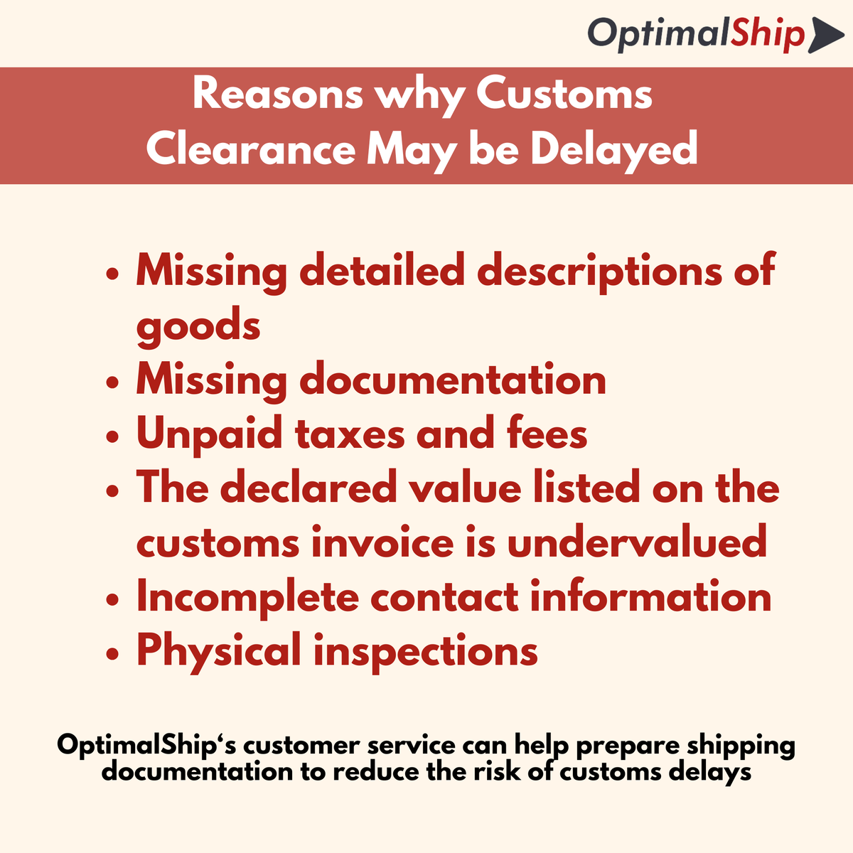 OptimalShip's tweet photo. Here are the most common reasons a shipment can get held up in customs and how you can avoid delays #optimalship #customs #logistics #businessowner https://t.co/xNJDsMBKDw