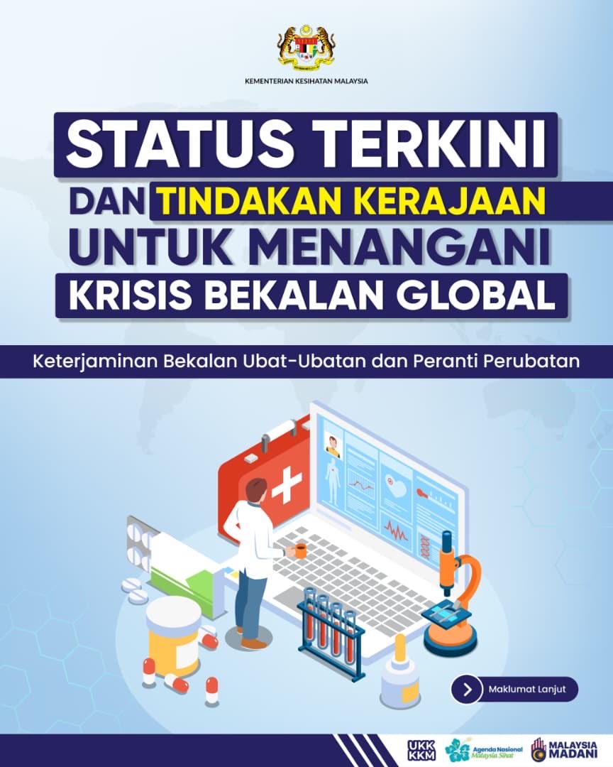 DrDzul's tweet photo. Salam 🇲🇾 MADANI ❤️, 
​
Terima kasih YAB PMX DS @anwaribrahim yang sentiasa komited & prihatin tentang isu kesihatan rakyat. 

Di sini, saya juga ingin beri jaminan bahawa pengurusan krisis bekalan global, terutamanya berkait dengan ubat-ubatan & peranti perubatan dipacu oleh data, bukan panik. 

🚨 Bekalan ubat-ubatan & peranti perubatan dalam negara adalah di paras STABIL & TERKAWAL.
​
KKM sentiasa bersiap siaga dengan langkah proaktif dan tegas bagi memastikan rawatan rakyat tidak terjejas:
 ​
📍 Setakat 8 Mei 2026, majoriti bekalan selamat. Sebanyak 71.9% ubat & 81.7% peranti perubatan berada pada tahap risiko rendah. Untuk ubat-ubatan & peranti perubatan berisiko tinggi, pelbagai langkah mitigasi sedang dilaksanakan untuk pastikan bekalan stabil & mencukupi. 

 ​📍 Ini termasuklah usaha untuk diversifikasi bekalan. Pasukan Petugas Khas sedang merombak rantaian bekalan import menerusi kerjasama strategik bersama China, Jepun & Uzbekistan.

 ​📍 Kita juga beralih kepada alternatif tempatan. i.e. Isu kekurangan bekalan asid hypochlorous (HOCl) baru-baru ini berjaya diatasi sepenuhnya oleh pembekal tempatan. Program Perjanjian Off-take Plus turut digerakkan untuk sokong pengeluaran ubat tempatan.
​
Fokus utama KKM adalah kelangsungan rawatan pesakit. Kita akan terus pantau & lakukan intervensi segera bila perlu. Kita tidak akan berkompromi dalam soal kesihatan rakyat.
 ​
#KKMPrihatin #MalaysiaMADANI
#MADANIbekerja #YakinMADANI