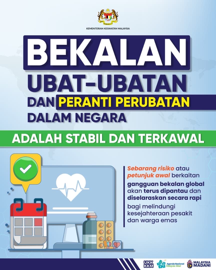 DrDzul's tweet photo. Salam 🇲🇾 MADANI ❤️, 
​
Terima kasih YAB PMX DS @anwaribrahim yang sentiasa komited & prihatin tentang isu kesihatan rakyat. 

Di sini, saya juga ingin beri jaminan bahawa pengurusan krisis bekalan global, terutamanya berkait dengan ubat-ubatan & peranti perubatan dipacu oleh data, bukan panik. 

🚨 Bekalan ubat-ubatan & peranti perubatan dalam negara adalah di paras STABIL & TERKAWAL.
​
KKM sentiasa bersiap siaga dengan langkah proaktif dan tegas bagi memastikan rawatan rakyat tidak terjejas:
 ​
📍 Setakat 8 Mei 2026, majoriti bekalan selamat. Sebanyak 71.9% ubat & 81.7% peranti perubatan berada pada tahap risiko rendah. Untuk ubat-ubatan & peranti perubatan berisiko tinggi, pelbagai langkah mitigasi sedang dilaksanakan untuk pastikan bekalan stabil & mencukupi. 

 ​📍 Ini termasuklah usaha untuk diversifikasi bekalan. Pasukan Petugas Khas sedang merombak rantaian bekalan import menerusi kerjasama strategik bersama China, Jepun & Uzbekistan.

 ​📍 Kita juga beralih kepada alternatif tempatan. i.e. Isu kekurangan bekalan asid hypochlorous (HOCl) baru-baru ini berjaya diatasi sepenuhnya oleh pembekal tempatan. Program Perjanjian Off-take Plus turut digerakkan untuk sokong pengeluaran ubat tempatan.
​
Fokus utama KKM adalah kelangsungan rawatan pesakit. Kita akan terus pantau & lakukan intervensi segera bila perlu. Kita tidak akan berkompromi dalam soal kesihatan rakyat.
 ​
#KKMPrihatin #MalaysiaMADANI
#MADANIbekerja #YakinMADANI