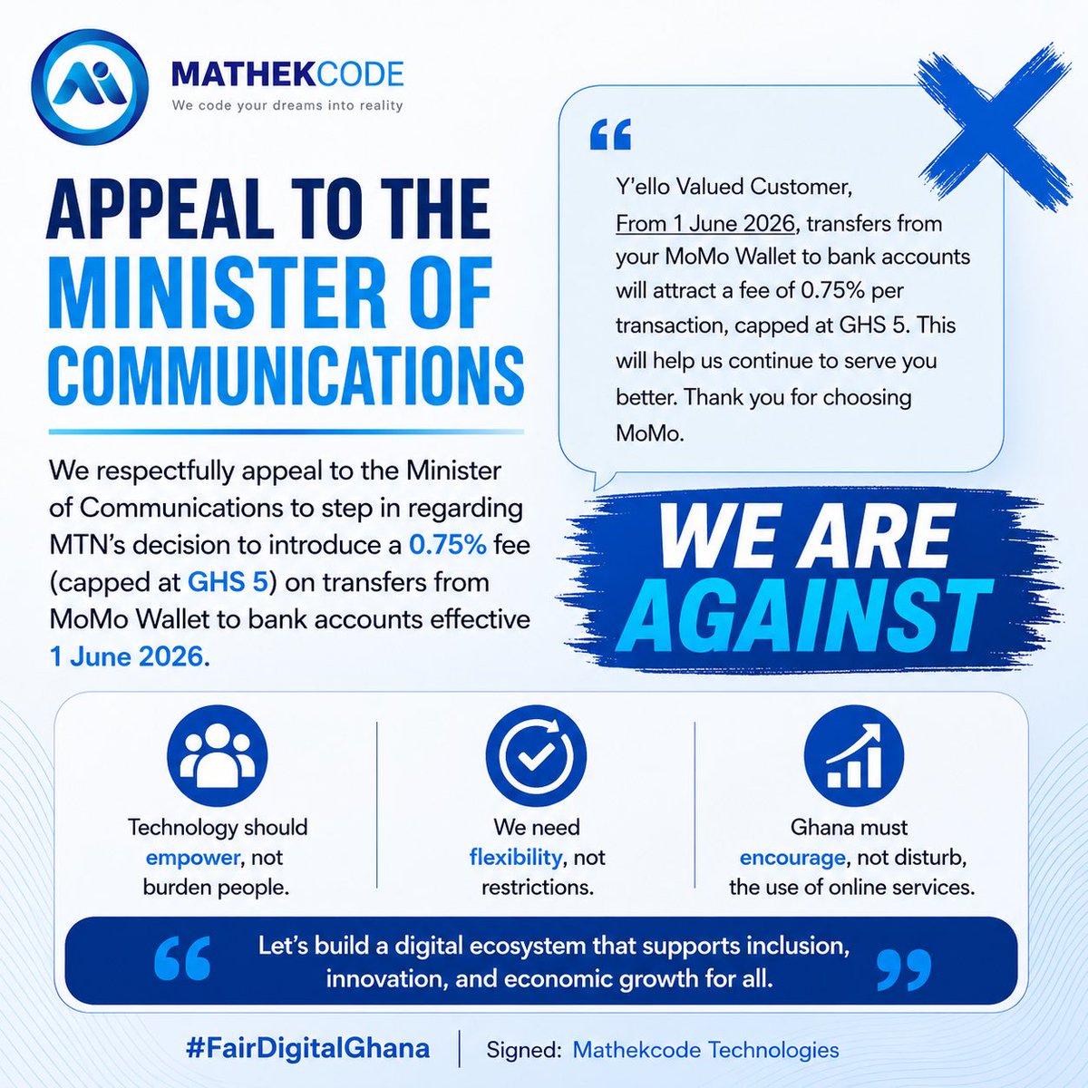 MathekcodeTech's tweet photo. BoG has asked MMFL to suspend the 0.75%  fee on wallet(Momo) to bank transfers , for further consultation.

Cc: @Serwaa_Amihere 

The power of the youth @BongoIdeasHQ https://t.co/tCgTvBFckw