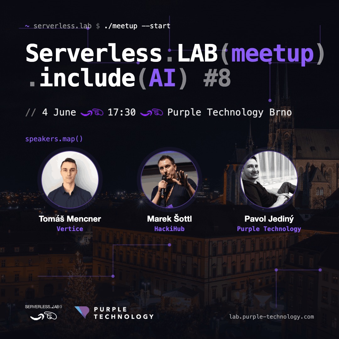 PurpleLABlife's tweet photo. Serverless.LAB.include(AI) #8 🚀

4. června, 17:30, Purple Technology Brno.

⚡️ Lambda pod kapotou - Tomáš Mencner ⚡️ Lessons learned z AI - Marek Šottl ⚡️ Vibekoderi vs. citlivá data - Pavol Jediný

Vstup free, pivo zajištěno. 💜
https://t.co/O9JB9ExlR1 https://t.co/LTEGLsZIhz