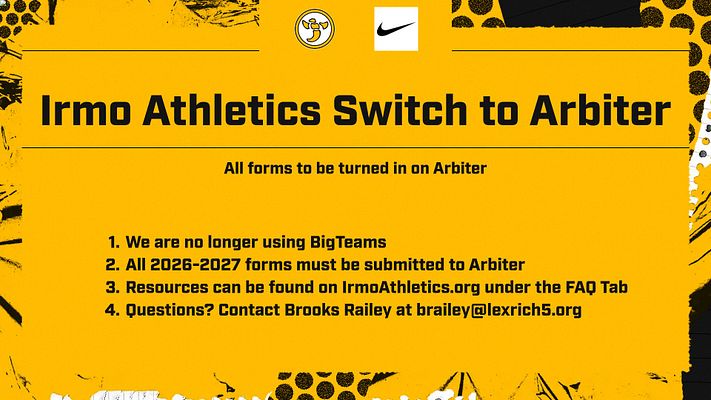 irmoathletics's tweet photo. All athletic forms will now be submitted to Arbiter! Irmo Athletics is no longer using BigTeams for athletic forms. This change will streamline the process for families, improve efficiency for our staff, and provide a more user-friendly experience overall. https://t.co/R6ptIuLIh6