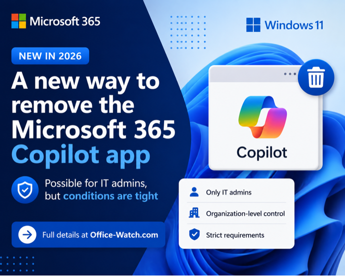 OfficeWatch's tweet photo. Microsoft quietly admits Copilot may not be wanted. 
New Windows 11 policy or registry can uninstall Copilot and Copilot #Microsoft365 apps
But only in very limited situations. Office Watch has the details steps.
#Windows11 #HalfMeasures
https://t.co/uhv2MGSNe0 https://t.co/y4YywbhCcm