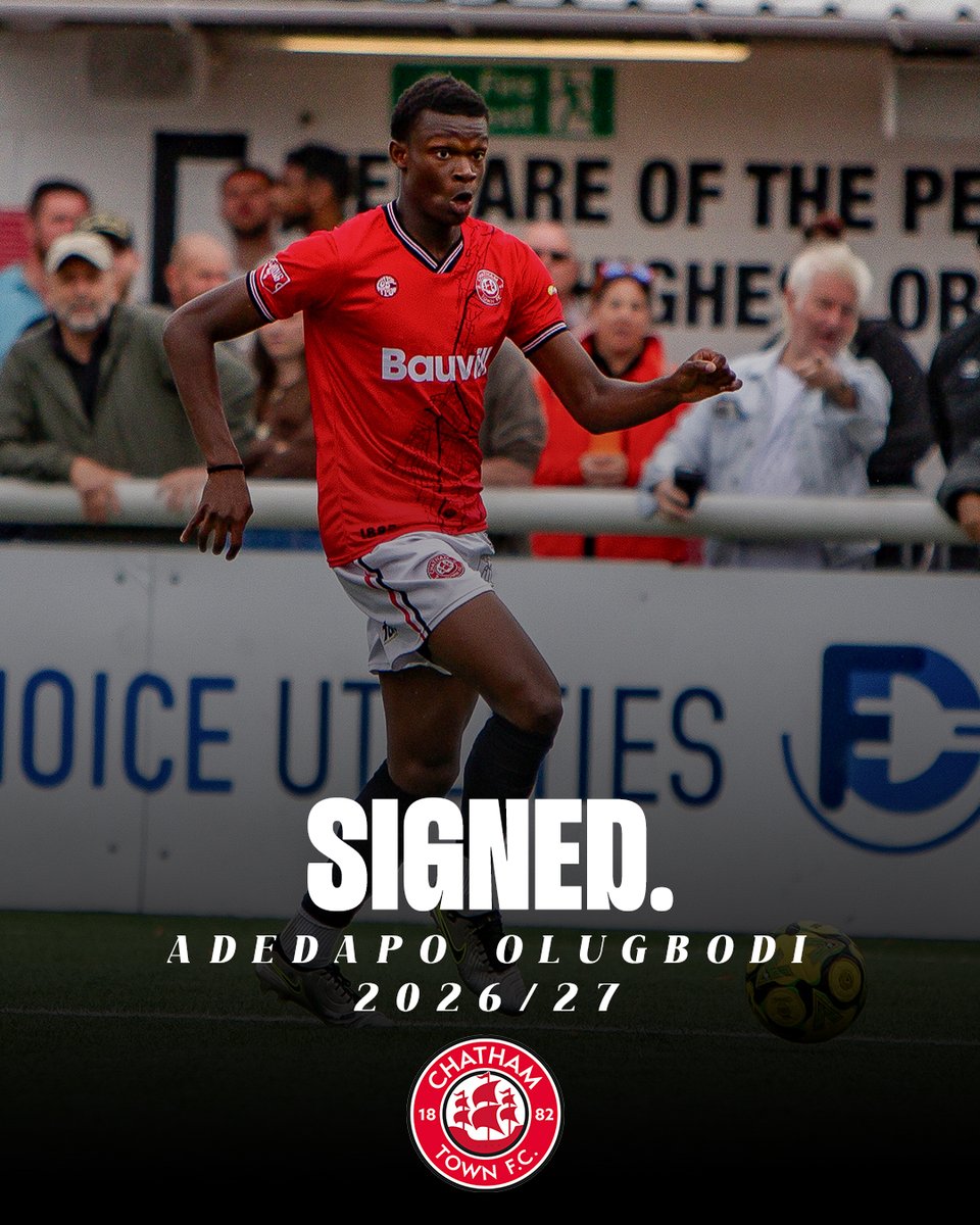 ChathamTownFC's tweet photo. 𝙎𝙄𝙂𝙉𝙀𝘿. 👊  

Adedapo Olugbodi has become the latest player to put pen to paper and commit to the Chats for the 2026/27 season. ✍️

🎟️ General admission tickets are now LIVE, with season ticket holders receiving FREE entry to all home friendlies.

Secure your place and back the Chats this summer 👇
https://t.co/3XYA5woOAZ

🔴⚪️⚫️ #UpTheChats