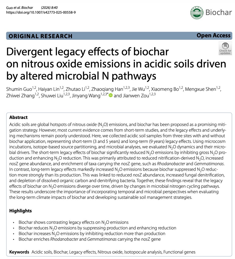 Biochar5's tweet photo. This is a paper from Biochar journal, please read and help publicize it, thank you for your kind attention！
Keywords：Acidic soils, Biochar, Legacy effects, Nitrous oxide, Isotopocule analysis, Functional genes
https://t.co/TQ7anf2of5 https://t.co/vq86F7xqzi