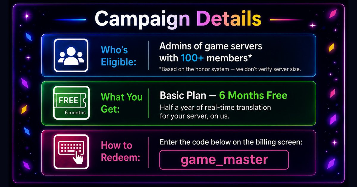 AltBot_app's tweet photo. AltBot — add it and every message is translated instantly.
Flat-rate pricing. No per-message limits. No data sent to external APIs.

Game server admins: Basic Plan free for 6 months.
First 50 servers. Just /subscribe and enter code: game_master by 6/15.