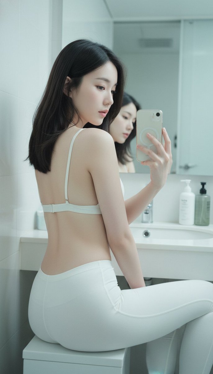 VIBEQUIRKLABS's tweet photo. NanoBanana Prompt :
Image Type:
Create a photorealistic editorial portrait.

Scene:
The portrait takes place in bathroom vanity area, sink counter, faucet, mirror edge, tiled wall, toiletry bottles, reflective cabinet surface, compact washroom corner.

Subject:
The subject is one 20-year-old Japanese or Korean female portrait subject., soft natural hourglass figure, clear waistline, balanced hip rhythm, graceful feminine body line., young beautiful Korean idol face, refined small face, clear bright eyes, polished youthful beauty, photogenic K-pop portrait balance., side-parted medium soft waves, collarbone-length flow, elegant face-framing movement., soft black-tea brown hair, muted brown-black salon tone., looking toward the camera, lips gently pressed with a barely contained smile, playful relaxed expression.

Wardrobe:
She wears off-white triangle bikini top, slim halter strings, minimal sliding triangle cups, smooth stretch swim fabric, clean beachwear styling., off-white leggings, stretch knit structure, continuous leg line, streamlined athletic silhouette., realistic outer-to-inner dressing order: long bottom layer keeps its natural full length and drape; shoes can remain normally visible without distorting the pants or skirt.

Pose and Composition:
medium shot, waist up framing, natural subject presence, showing some background., eye-level angle, objective view, neutral perspective, natural camera height., back view, subject facing away from camera, rear body orientation, turned back silhouette., 9:16.

Lighting:
indoor window-daylight environment, natural window-lit room brightness, daytime exterior sky if visible., hard side key light on the subject, sharp facial-plane shadow edge, sculpted side contrast, crisp highlight-to-shadow separation.

Camera Look:
Inspired by Rinko Kawauchi, airy high-key image language. airy high-key photography, pale softly overexposed daylight glow, cool pastel tones, delicate everyday realism, fragile quiet details.

Constraints:
preserve the specified wardrobe as complete clothing, detailed realistic fabric folds and wrinkles visible, clothing covers the body appropriately, fully clothed styling, no nudity., Keep the specified outfit complete and fully visible where the framing allows, natural body proportions, no extra people unless specified, no visible text or logos unless explicitly requested.