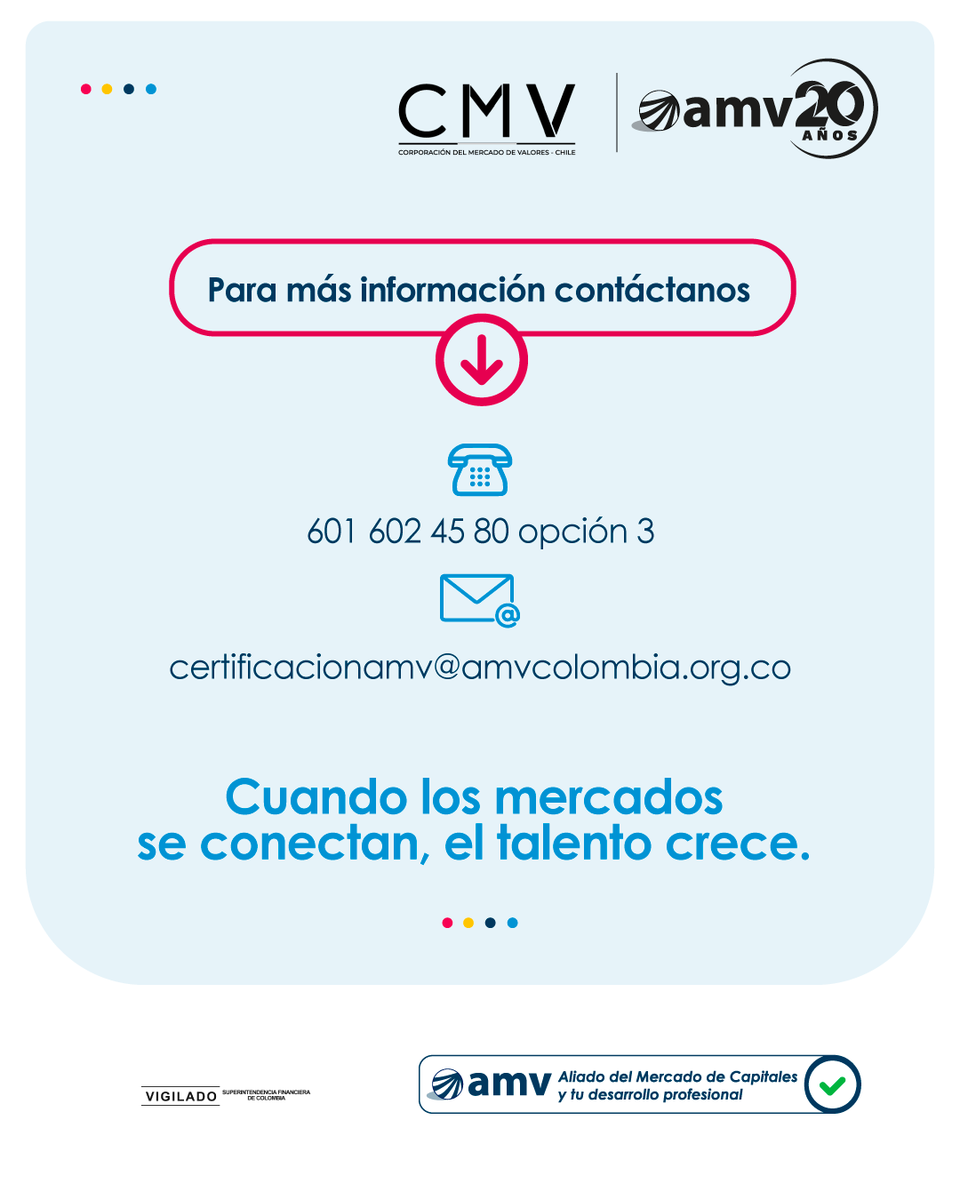 AMVColombia's tweet photo. 🌎El mercado de capitales sigue evolucionando y, con él, las oportunidades para los profesionales del sector financiero
¡La homologación de certificaciones entre 🇨🇴 y 🇨🇱 es una realidad! Esta iniciativa facilita el reconocimiento de competencias y abre nuevas puertas para que los profesionales certificados impulsen su carrera y amplíen sus horizontes en ambos mercados📈
Comunicado 👉https://t.co/HhVRyMO7lD